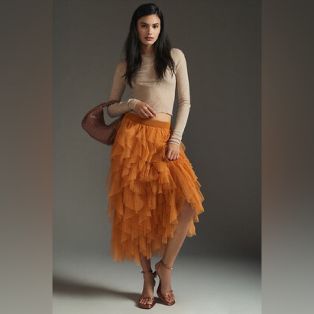 Anthropologie The Chéri Ruffled Tulle Midi Skirt by Anthropologie Orange Size xs